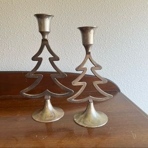 set of two silver plated christmas tree candlesticks